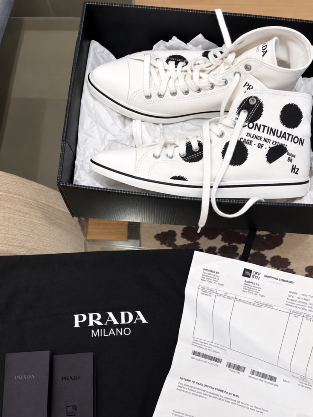 Prada 1T618M White Black Polka Canvas Logo Pointy Cap High Top Sneakers 38 Italy
